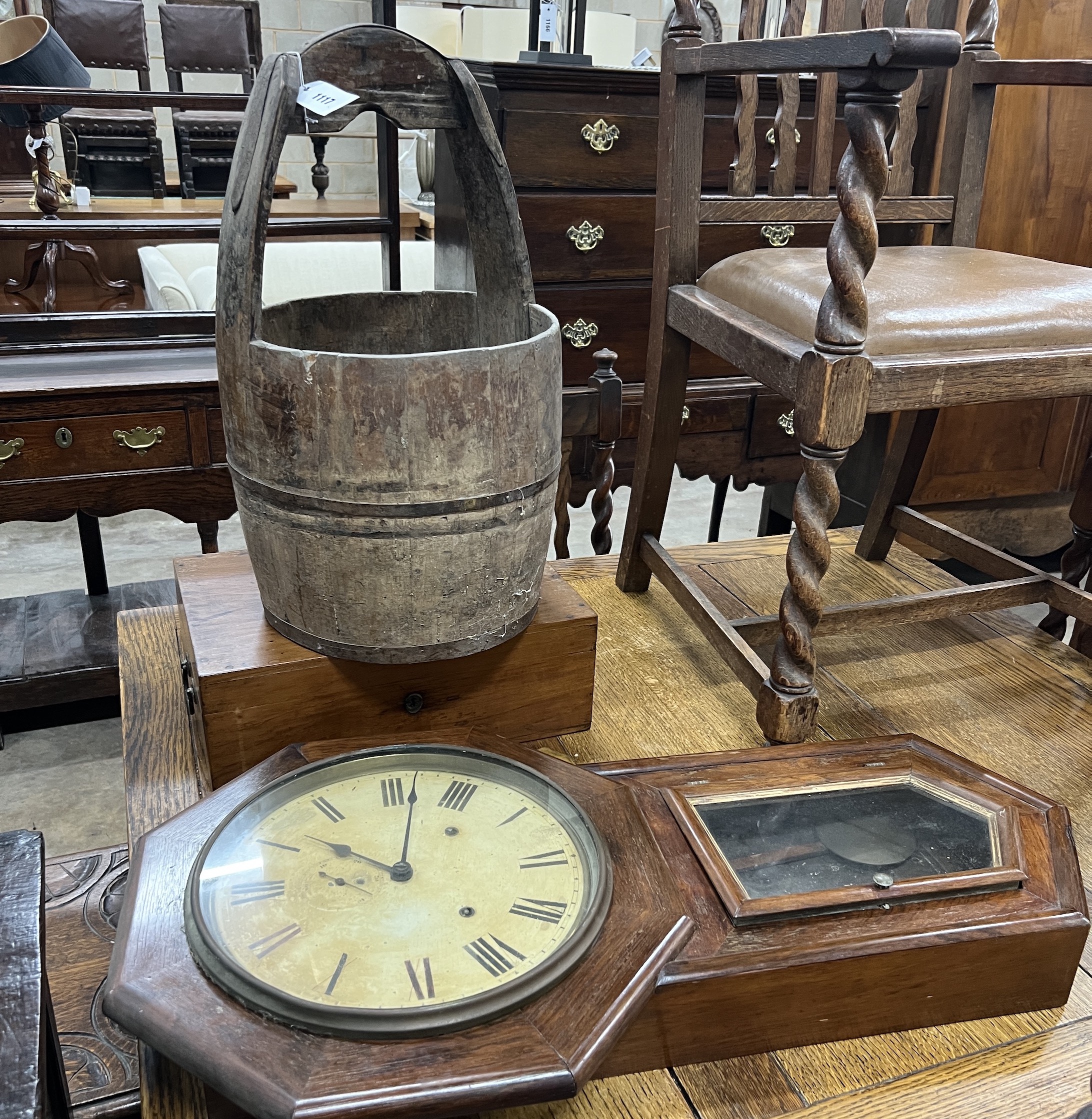 A Chinese staved wood rice bucket, height 56cm, an American drop dial wall clock and a Victorian mahogany stationary box
